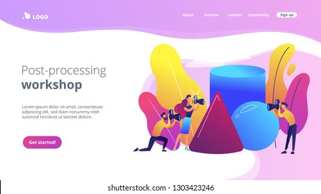 Students at workshop practicing taking photos of geometric objects. Photography workshop, post-processing workshop, photo portfolio creation concept. Website vibrant violet landing web page template.