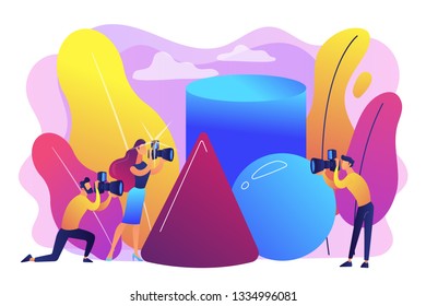 Students at workshop practicing taking photos of geometric objects. Photography workshop, post-processing workshop, photo portfolio creation concept. Bright vibrant violet vector isolated illustration