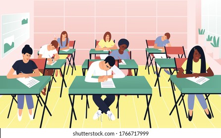 
Students Write A Test Exam In A Beautiful Classroom. Learning Concept. Teenagers With Different Skin Colors. Exam Test. Test Question. Flat Vector Cartoon Illustration.