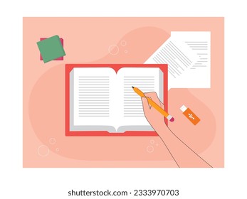 Students writing books with pencils to do school work, with paper, notes and USB to complete assignments. Design art. Vector flat illustration