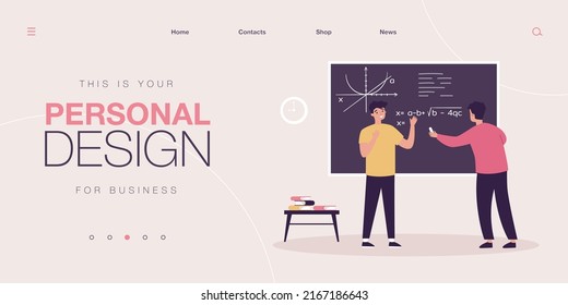 Students writing complex equations on school board. Boys on lesson in classroom flat vector illustration. Science, mathematics, knowledge concept for banner, website design or landing web page