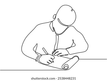 Estudiantes escribiendo en cuadernos representados en un dibujo continuo de una línea. Concepto de Educación que destaca la colaboración y la participación en el aprendizaje.