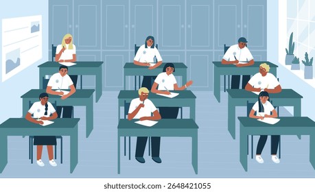 Estudantes fazendo exame em aula. Conceito de educação. Adolescentes em aula. Teste de exame. Pergunta de teste. Ilustração vetorial em estilo plano.