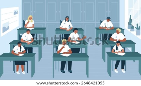 Students writing test exam in class. Education concept. Teenagers in lesson. Exam test. Test question. Vector illustration in flat style.