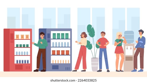 Students, young office workers buy food on vending machine, drinking and talking near water cooler. Happy cartoon flat teenagers vector characters