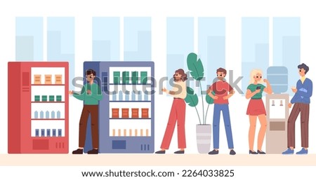 Students, young office workers buy food on vending machine, drinking and talking near water cooler. Happy cartoon flat teenagers vector characters