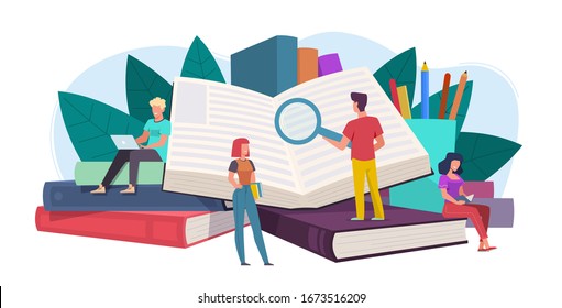 Students. Young people readers sitting, lying on giant books stack, students study, read and gain knowledge. Education vector concept of digital library