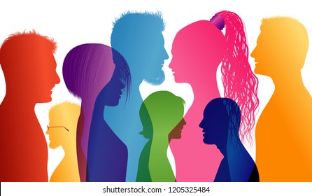 Students. Young people. Students talking. Young people talking. Dialogue between students. Colored silhouette profiles. Vector Multiple exposure