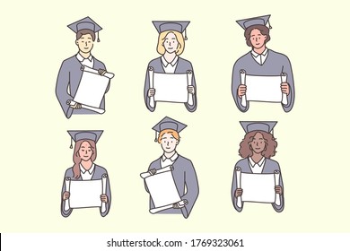 Studentship, graduation, diploma, multiethnicity set concept. Multiethnic african american chinese boys girls students in academic cap gown graduate from university. Multiracial people with banners.