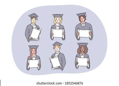 Studentship, graduation, diploma set concept. Multiethnic african american chinese boys girls students in academic caps gowns graduate from university. Multiracial people with banners illustration.