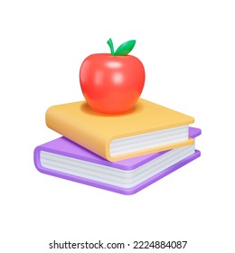 Studies 3d icon. books and apple. Isolated object on transparent background