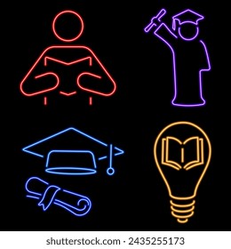 studies group of neon icons, vector illustration on black background.