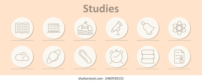 Studies icons set. Book, ID card, school, telescope, bell, atom, cloud, planet, paper clip, alarm clock, books, certificate. Line icons on beige background.