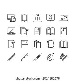 Studies and learning flat line icons set. Stationery tools, bookmark, folder, document, gadgets and electronic devices. Simple flat vector illustration for graphic and web design.