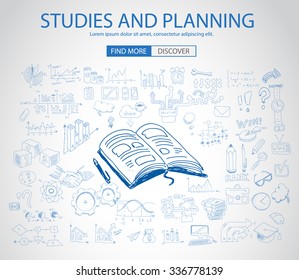 Studies and Planning  with Doodle design style: online solution, social media campain, creative ideas,Modern style illustration for web banners, brochure and flyers.