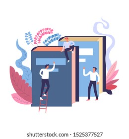 Studies research at the university library, students, classmates reading, searching books, high education, learning and college studies process concept, flat vector illustration on white background