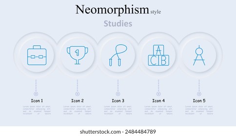 Studies set icon. Briefcase, trophy, jump rope, ABC blocks, compass, education, learning, school, success, achievement, fitness, study, tool, student, study tools, children, kindergarten
