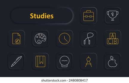 Studies set icon. Certificate, palette, clock, jump rope, ABC blocks, pen, bookmark, head, compass, apple. Education and academic tools concept.