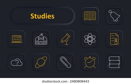 Studies set icon. ID card, school building, telescope, atom, certificate, cloud question mark, planet, paperclip, alarm clock, books. Education, science, research, achievement, time management,