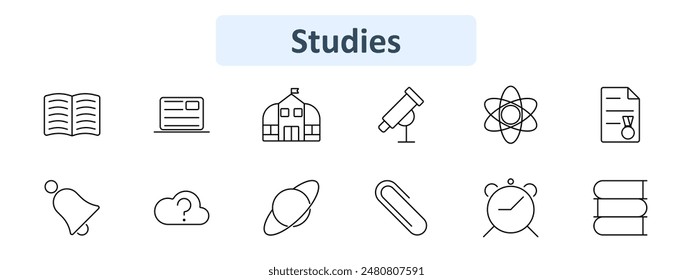 Studies set icon. Open book, online learning, school building, telescope, atom, certificate, bell, cloud question, planet, paperclip, clock, stack of books. Education, science, learning, academic