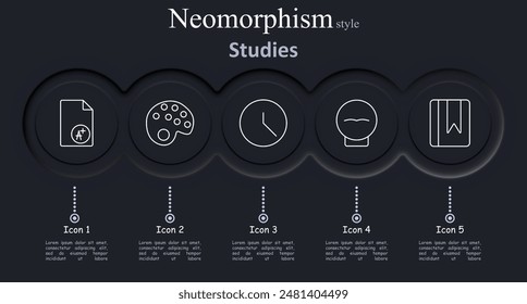 Studies set icon. Report, palette, clock, mask, bookmark, education, learning, art, time, reading, creativity, study, vector, illustration, neomorphism, icons.