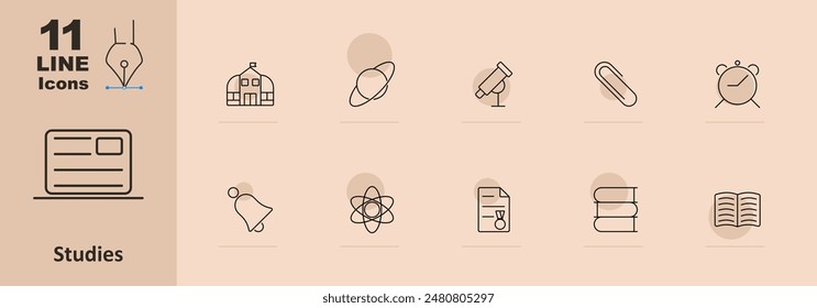 Studies set icon. School building, atom, microscope, alarm clock, bell, planet, document, books, open book, paperclip. Education and academic concept