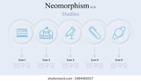 Studies set icon. School ID, school building, telescope, paperclip, planet, education tools, learning, academic symbols, research, astronomy, stationery