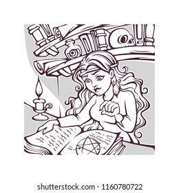 Studing Witch, young lady reading a magic book, page for your Halloween coloring book