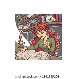 Studing Witch, young lady reading a magic book,  for your Halloween card, label, flyer