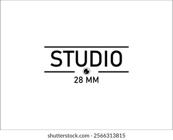 Studio 28mm Logo: Contemporary Photography Branding with Lens Icon and Elegant Typography