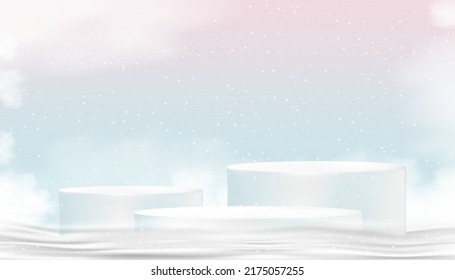 Podio Studio 3D en el piso de nieve con fondo pastel azul y rosa, fondo vectorial bello y lujoso banner para la tarjeta de vacaciones de invierno, temporada de venta navideña, descuento, Año Nuevo 2023