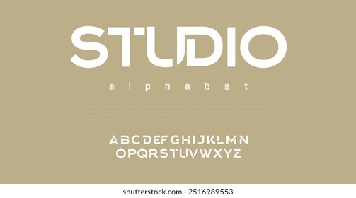 Studio Abstract minimal creative alphabet fonts. Flat twisted Regular font with dot.