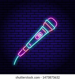 Studio acoustic microphone. Neon sign on a brick wall background. Blue violet red colors