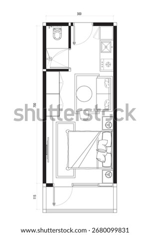 Studio Apartment Floor Plan with Kitchenette. 2