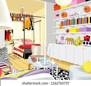 A studio apartment  interior. Bed with a mosquito net  , a coach , armchairs , book shelves and cabinets . Modern furniture
