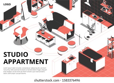 Studio apartment isometric background with domestic view of rooms with furniture interior elements and editable text vector illustration