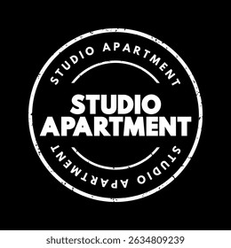 Studio Apartment in which the normal functions of a number of rooms often are combined into a single room, text concept stamp