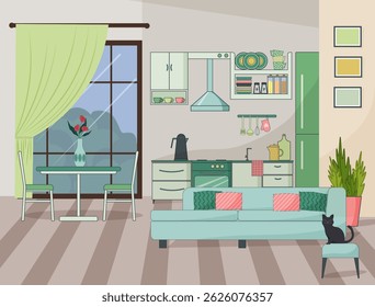Studio in an apartment with zones for kitchen and living room. Kitchen with a walk-in closet and furniture. Sofa with pillows. Ottoman, pouf with a sitting cat. Flowers and plants for coziness. Large
