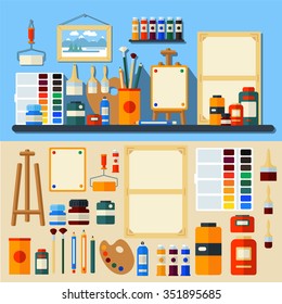 Studio of Art. Set of Tools and Materials for Creativity and Painting. Flat Style in Vector