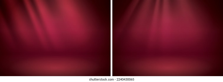 Conjunto de fondo de escena de estudio rojo. Fondo rojo neutro con rayos suaves. Iluminación suave de estudio. Fotoestudio suave iluminación de caja.