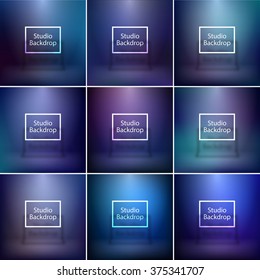 Studio backdrop, smooth backgrounds set, vector illustration. Blue, purple colors. 