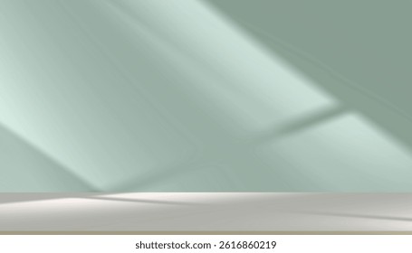 Studio background 3D room for product presentation,Green wall and Brown floor with  empty podium,Template tabletop with shadow, sunlight from the window.Vector countertop in the kitchen