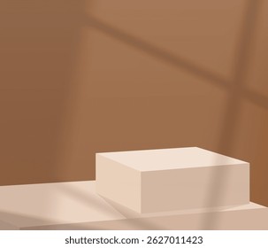 Arrière-plan studio marches 3D piédestal beige podium avec ombre, superposition lumineuse sur fond mural marron.Abstrait scène minimale maquette produits d'affichage scène vitrine.Image vectorielle forme géométrique pour l'automne