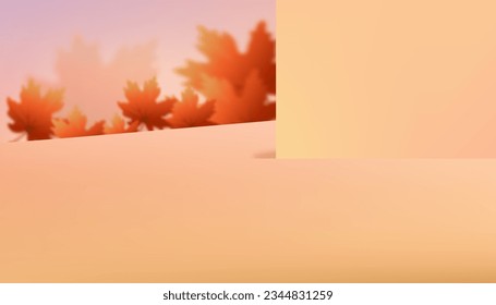 Studiohintergrund mit Herbstblättern auf beigem Hintergrund.Vector Leeres Produktpräsentationspodium mit unscharfem orangefarbenem Blatt, Hintergrundbanner für den Herbst, Herbstkosmetik, Hautpflege, Schönheitspräsentation