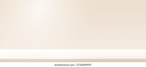 Studio background with beige wall and shelf. Empty room gradient with white light. Product presentation scene blank backdrop. Clean ivory platform. Kitchen table with gradation. Vector illustration.