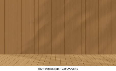 Studio Background Brown Wood Wall Texture with Shadow Leaves on Floor Panel.Vector Backdrop banner Empty Display room washed wooden for Autumn, Winter costmetic product present