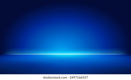 Studio background dark blue gradient neon light glowing bright floor and wall, empty room interior for display product in night tone and shiny surface for car, motorcycle, modern technology.