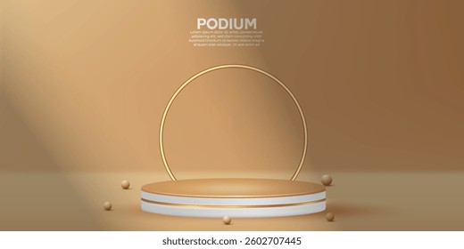 Studio background design. Promotion product mockup design with pearl. 3D realistic product advertising podium design with a brown color indoor background and shadow overlay on the wall. 