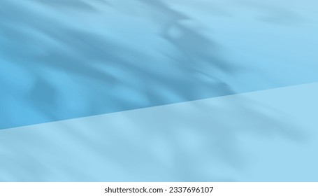 Studio background with leaves shadow effect on blue wall,Vector luxury  Scene Empty Room Display with light and leaves silhouette for Organic product presentation banner