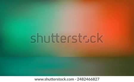 Studio background with neon lights in shades of green and dark orange, empty room with two walls of light and a bright multi-colored floor, interior decoration for product display or scene props.